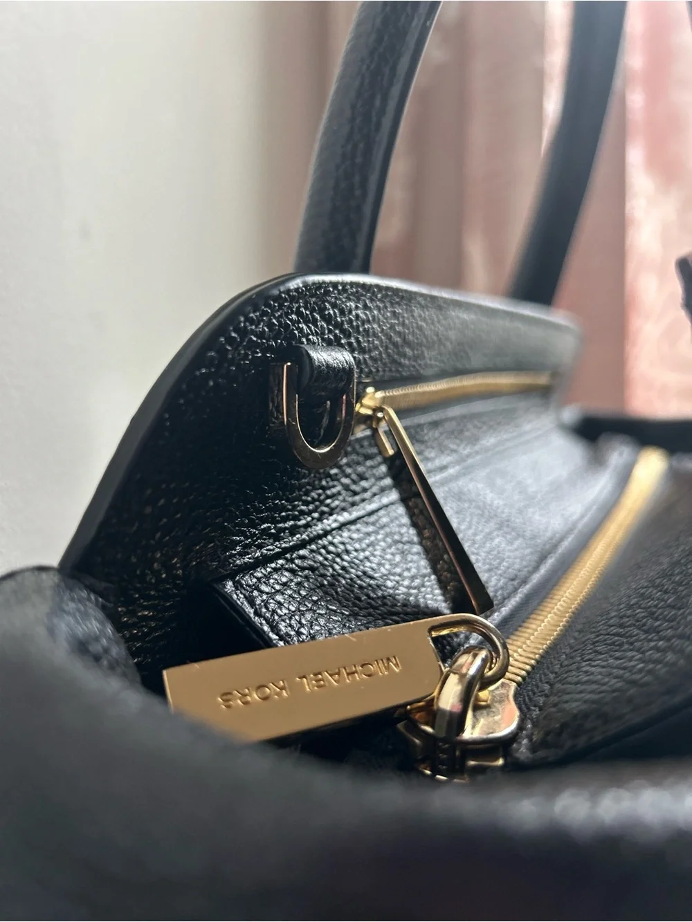Michael Kors Black Pebbled Leather Satchel with Gold Hardware and Strap